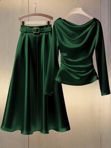 Franclia 2pcs/Set Women's Casual Cowl Neck Fitted Long Sleeve Belted Outfit - Dark Green - View 4