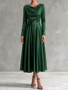 Franclia 2pcs/Set Women's Casual Cowl Neck Fitted Long Sleeve Belted Outfit - Dark Green - View 3