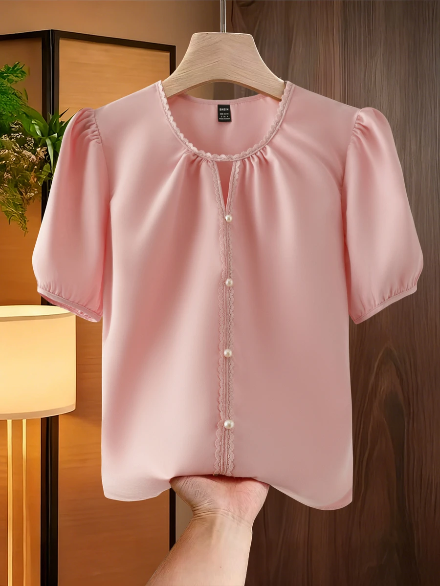 Franclia Soft Pink,Summer,Elegant,Office,Work Women's Lace Patchwork Chiffon Blouse With Pearl Buttons,Short Sleeve Solid Color Casual Shirt & Lace Trim Tops - Pink - View 1