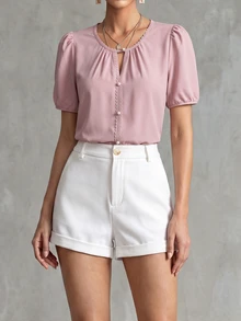 Franclia Soft Pink,Summer,Elegant,Office,Work Women's Lace Patchwork Chiffon Blouse With Pearl Buttons,Short Sleeve Solid Color Casual Shirt & Lace Trim Tops - Pink - View 3