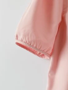 Franclia Soft Pink,Summer,Elegant,Office,Work Women's Lace Patchwork Chiffon Blouse With Pearl Buttons,Short Sleeve Solid Color Casual Shirt & Lace Trim Tops - Pink - View 5