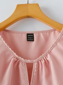 Franclia Soft Pink,Summer,Elegant,Office,Work Women's Lace Patchwork Chiffon Blouse With Pearl Buttons,Short Sleeve Solid Color Casual Shirt & Lace Trim Tops - Pink - View 6