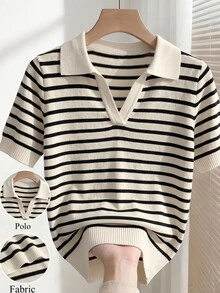 SHEIN 女款春夏拼色 Polo 領短袖休閒法式修身針織上衣，度假早午餐穿搭，黑白條紋 - 彩色 - 查看 7