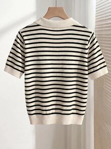 SHEIN 女款春夏拼色 Polo 領短袖休閒法式修身針織上衣，度假早午餐穿搭，黑白條紋 - 彩色 - 查看 2
