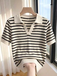 SHEIN 女款春夏拼色 Polo 領短袖休閒法式修身針織上衣，度假早午餐穿搭，黑白條紋 - 彩色 - 查看 8