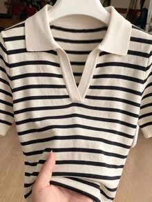 SHEIN 女款春夏拼色 Polo 領短袖休閒法式修身針織上衣，度假早午餐穿搭，黑白條紋 - 彩色 - 查看 4