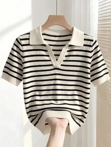 SHEIN 女款春夏拼色 Polo 領短袖休閒法式修身針織上衣，度假早午餐穿搭，黑白條紋 - 彩色 - 查看 5