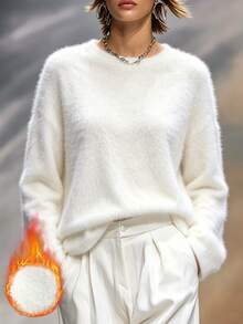 SHEIN Women's /Winter Festival Outfits Comfortable Versatile Plush Long Sleeve Sweater For Daily Wear - White - View 3