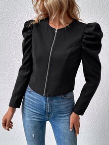 SHEIN 女款黑色泡泡袖拉鍊短版羊毛外套，修身顯瘦休閒短大衣，優雅街頭風 - 黑色 - 查看 4