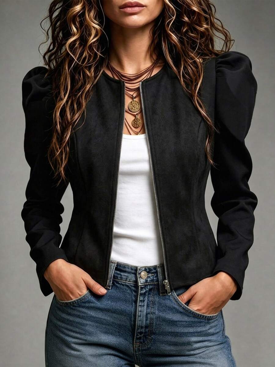 SHEIN 女款黑色泡泡袖拉鍊短版羊毛外套,修身顯瘦休閒短大衣,優雅街頭風 - 黑色 - 查看 1