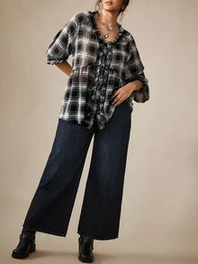 Nubod Plus Size Fashion Plaid Single-Breasted Frill Trim Shirt - Black - View 3