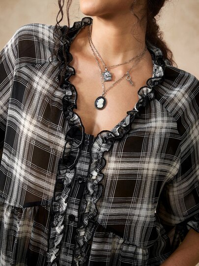 Nubod Plus Size Fashion Plaid Single-Breasted Frill Trim Shirt