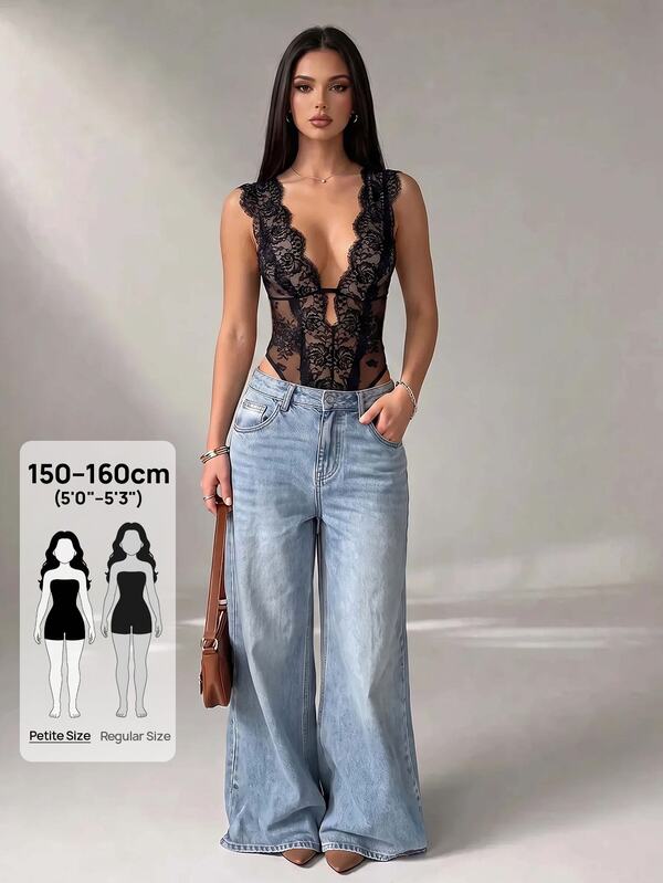 SHEIN PETITE Women's Black Summer Elegant Sexy Night Out Bodysuit, Sleeveless Deep V-Neck Backless Sheer Lace Trim, Minimalist Layering Party Outfit