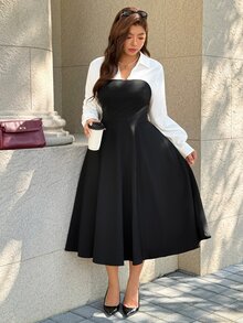 SHEIN LUNE CURVE Plus Size Black And White Colorblock 2 In 1 A-Line Long Sleeve Shirt Dress Brunch Office Autumn Elegant Fall - Multicolor - View 1