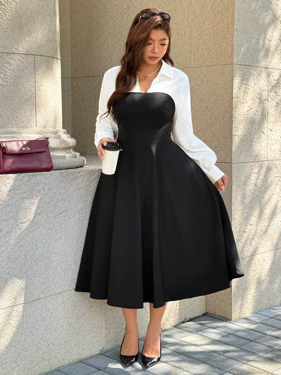 SHEIN LUNE CURVE Plus Size Black And White Colorblock 2 In 1 A-Line Long Sleeve Shirt Dress Brunch Office Autumn Elegant Fall - Multicolor - View 1