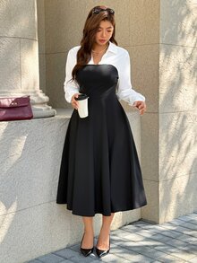 SHEIN LUNE CURVE Plus Size Black And White Colorblock 2 In 1 A-Line Long Sleeve Shirt Dress Brunch Office Autumn Elegant Fall - Multicolor - View 6