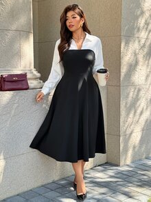 SHEIN LUNE CURVE Plus Size Black And White Colorblock 2 In 1 A-Line Long Sleeve Shirt Dress Brunch Office Autumn Elegant Fall - Multicolor - View 3
