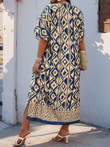 EMERY ROSE Plus Size Women Summer Vacation Boho All-Over Print V-Neck Split Hem Dress Mediterranean Style Elegant - Navy Blue - View 2