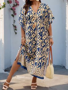 EMERY ROSE Plus Size Women Summer Vacation Boho All-Over Print V-Neck Split Hem Dress Mediterranean Style Elegant - Navy Blue - View 4