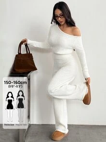 SHEIN PETITE ملابس نسائية بلون موحد بياقة غير متماثلة وبلوزة وبنطلون كاجوال للاستخدام اليومي - أبيض - مشاهدة 11