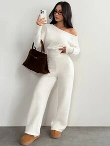 SHEIN PETITE ملابس نسائية بلون موحد بياقة غير متماثلة وبلوزة وبنطلون كاجوال للاستخدام اليومي - أبيض - مشاهدة 8
