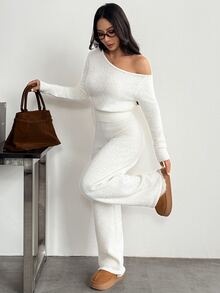 SHEIN PETITE ملابس نسائية بلون موحد بياقة غير متماثلة وبلوزة وبنطلون كاجوال للاستخدام اليومي - أبيض - مشاهدة 4