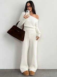SHEIN PETITE ملابس نسائية بلون موحد بياقة غير متماثلة وبلوزة وبنطلون كاجوال للاستخدام اليومي - أبيض - مشاهدة 7