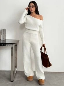 SHEIN PETITE ملابس نسائية بلون موحد بياقة غير متماثلة وبلوزة وبنطلون كاجوال للاستخدام اليومي - أبيض - مشاهدة 5
