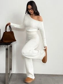 SHEIN PETITE ملابس نسائية بلون موحد بياقة غير متماثلة وبلوزة وبنطلون كاجوال للاستخدام اليومي - أبيض - مشاهدة 6