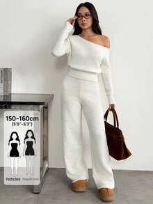 SHEIN PETITE ملابس نسائية بلون موحد بياقة غير متماثلة وبلوزة وبنطلون كاجوال للاستخدام اليومي - أبيض - مشاهدة 9