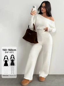 SHEIN PETITE ملابس نسائية بلون موحد بياقة غير متماثلة وبلوزة وبنطلون كاجوال للاستخدام اليومي - أبيض - مشاهدة 10