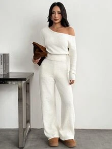 SHEIN PETITE ملابس نسائية بلون موحد بياقة غير متماثلة وبلوزة وبنطلون كاجوال للاستخدام اليومي - أبيض - مشاهدة 3