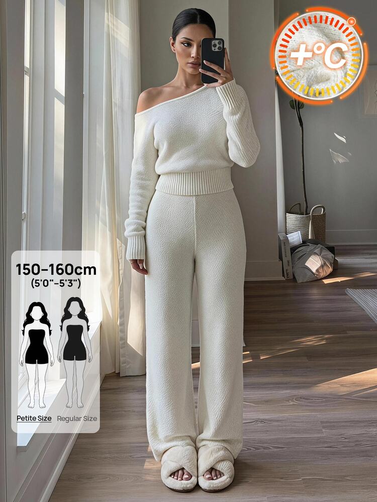 SHEIN PETITE 女款純色不對稱領上衣與長褲休閒日常套裝 - 白色 - 查看 12