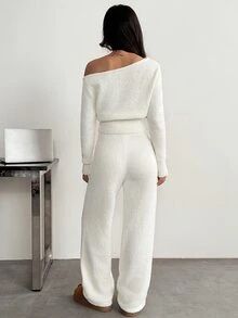 SHEIN PETITE ملابس نسائية بلون موحد بياقة غير متماثلة وبلوزة وبنطلون كاجوال للاستخدام اليومي - أبيض - مشاهدة 13