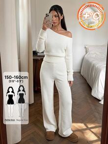 SHEIN PETITE ملابس نسائية بلون موحد بياقة غير متماثلة وبلوزة وبنطلون كاجوال للاستخدام اليومي - أبيض - مشاهدة 1
