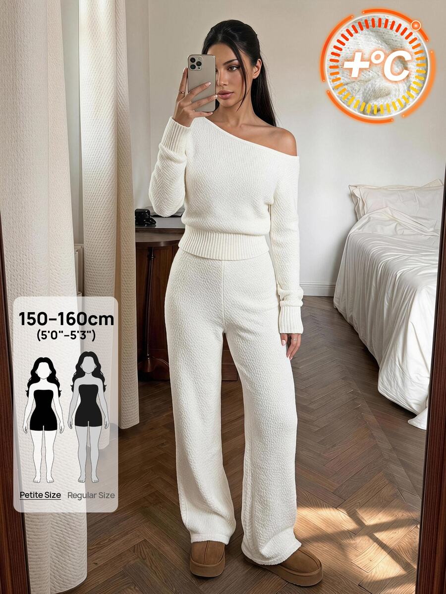 SHEIN PETITE ملابس نسائية بلون موحد بياقة غير متماثلة وبلوزة وبنطلون كاجوال للاستخدام اليومي - أبيض - مشاهدة 1