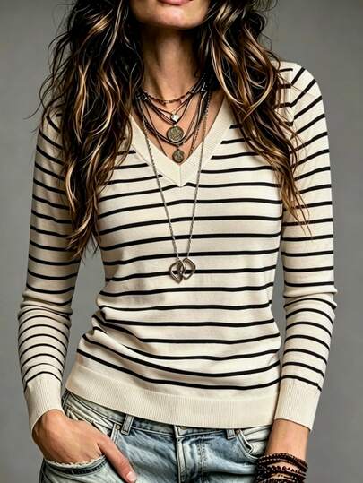 Franclia Camiseta de manga larga con cuello en V de rayas elegante y casual para mujer, para ir al trabajo, de punto elástico con rayas horizontales clásicas en blanco y negro, puños acanalados, ajuste ceñido, favorecedora, de longitud corta, versátil como capa base