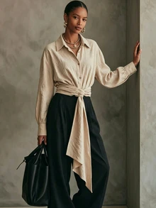 SHEIN 女款梭織純色棉質前綁帶長袖休閒度假風春秋襯衫 - 杏色 - 查看 8