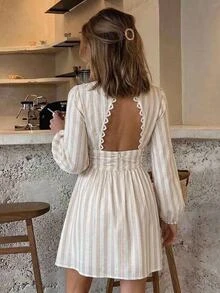 Serisse Striped Print Guipure Lace Trim Backless Ruched Waist Short Dress - Blue - View 3