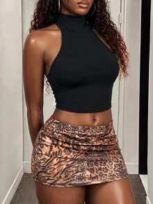 BamGleam Women High Neck Sleeveless Crop Top, Wave Lace Up Backless Halter Tank Top, Solid Slim Fit Y2K Sexy Summer Going Out Club Night Out Tops Black - Black - View 8