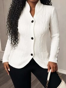 BamGleam Women's Elegant White Autumn Knitted Cardigan,Long Sleeve Striped Fried Dough Twists Button Loose Office Party Fall Clothing Tops - White - View 7