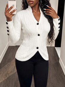 BamGleam Women's Elegant White Autumn Knitted Cardigan,Long Sleeve Striped Fried Dough Twists Button Loose Office Party Fall Clothing Tops - White - View 5