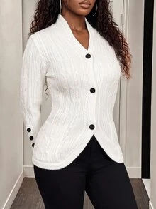 BamGleam Women's Elegant White Autumn Knitted Cardigan,Long Sleeve Striped Fried Dough Twists Button Loose Office Party Fall Clothing Tops - White - View 3