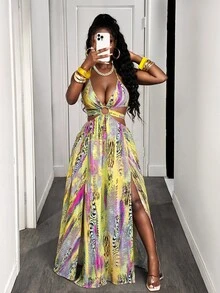 BamGleam Women's Zebra Print Color Block Hollow Out Tie-Up Dress, Suitable For Dates And Parties - Light Yellow - View 6