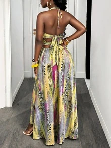 BamGleam Women's Zebra Print Color Block Hollow Out Tie-Up Dress, Suitable For Dates And Parties - Light Yellow - View 3