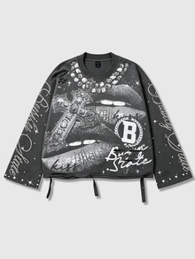 ROMWE MEN Street Life Design-Driven Vintage Street Style Heavy Distressed Saint Print Long Sleeve Crew Neck Men's T-Shirt - Grey - View 6