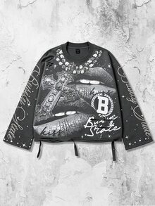 ROMWE MEN Street Life Design-Driven Vintage Street Style Heavy Distressed Saint Print Long Sleeve Crew Neck Men's T-Shirt - Grey - View 5