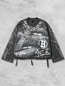 ROMWE MEN Street Life Design-Driven Vintage Street Style Heavy Distressed Saint Print Long Sleeve Crew Neck Men's T-Shirt - Grey - View 1