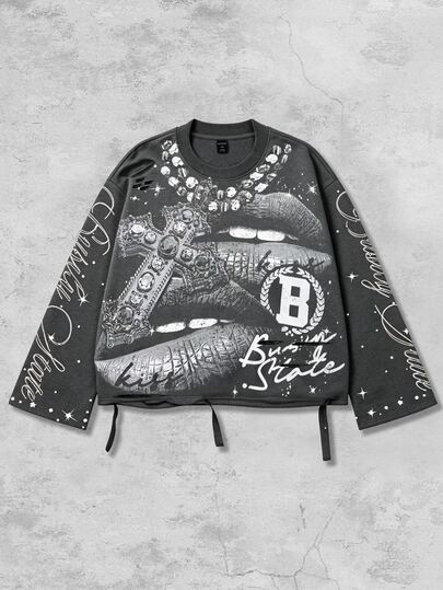 Street Life Design-Driven Vintage Street Style Heavy Distressed Saint Print Long Sleeve Crew Neck Men's T-Shirt