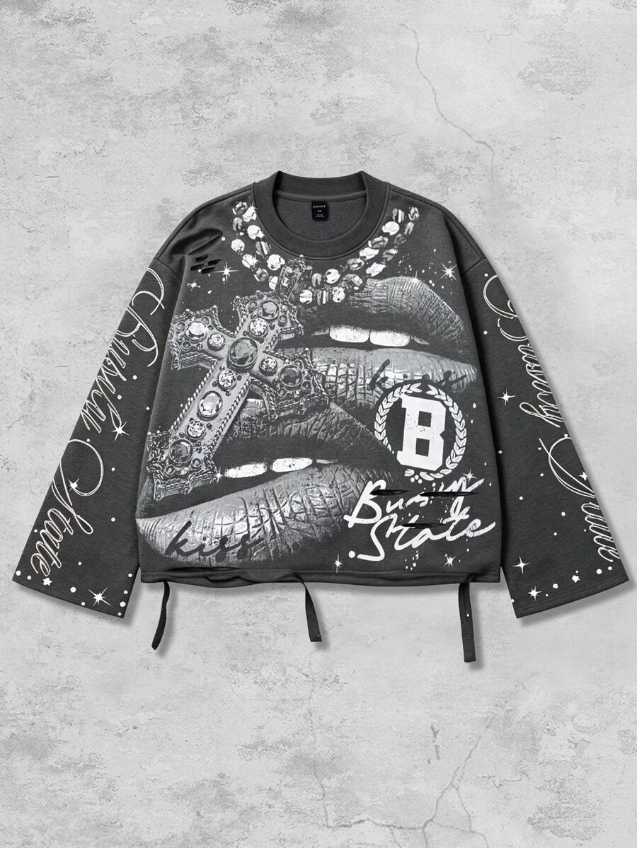 ROMWE MEN Street Life Design-Driven Vintage Street Style Heavy Distressed Saint Print Long Sleeve Crew Neck Men's T-Shirt - Grey - View 1